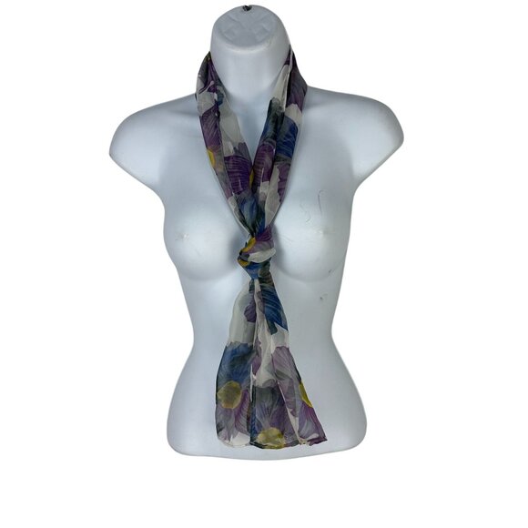 Floral Sheer Chiffon Scarf With Purple & Blue Pansy Design For Women - Picture 3 of 4